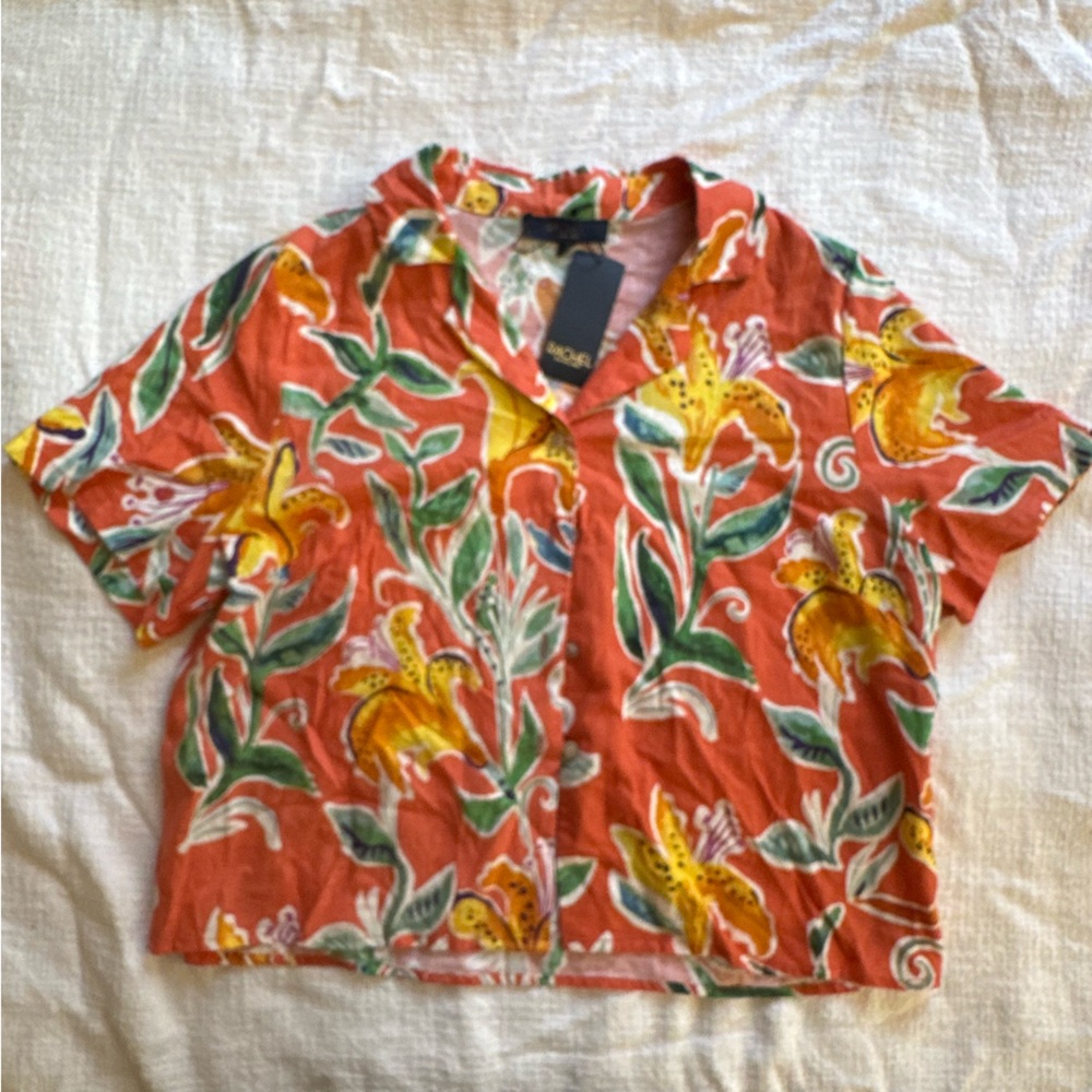 RACHEL Rachel Roy Coral Button-Front Tropical Floral Top with Yellow & Green